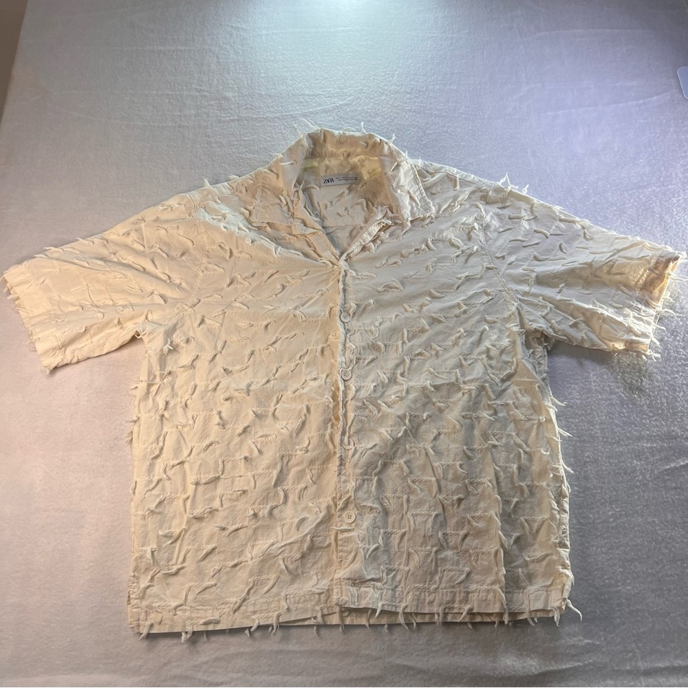 Zara Knit Textured Cream Short Sleeve Shirt